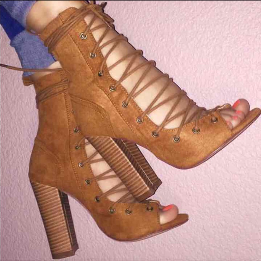 Tan corset lace up ankle heels